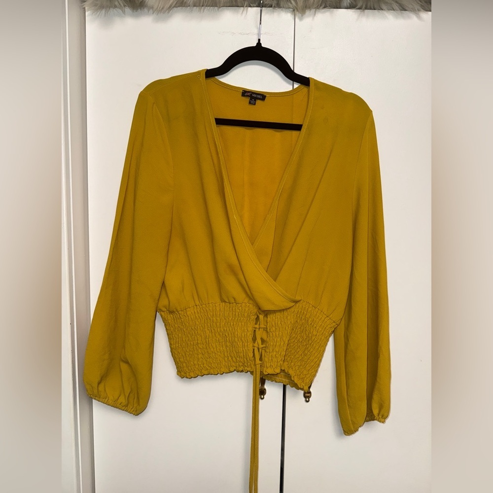 Michel Mustard Wrap-Front bottom Smocked Waist Blouse Size M